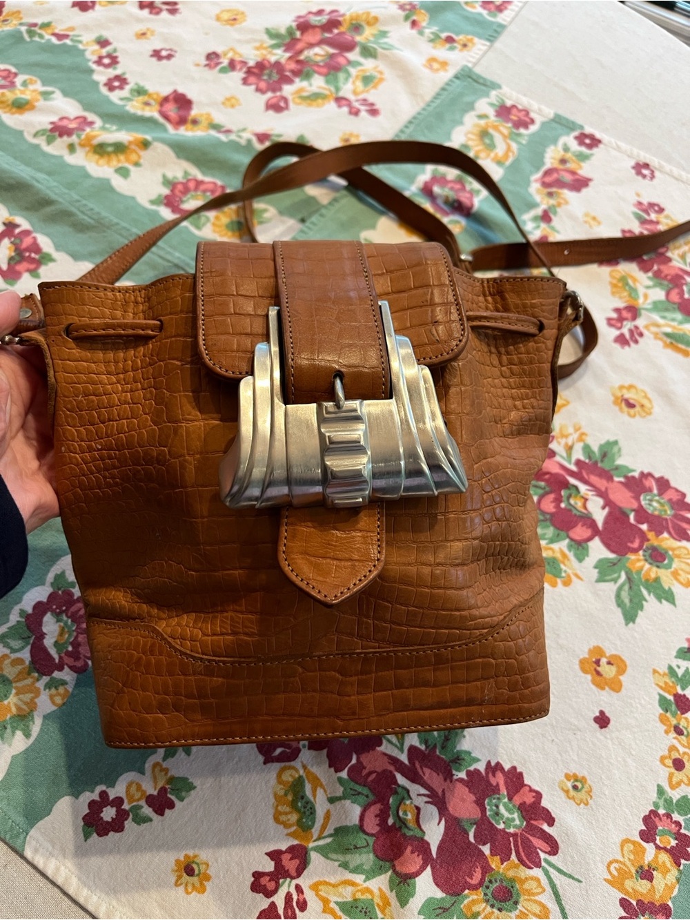 Glenn Miller for Ann Turk  Croc-Embossed Leather Shoulder Bag with Silver Buckle